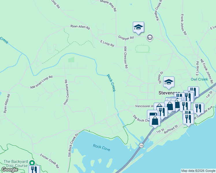 map of restaurants, bars, coffee shops, grocery stores, and more near 725 Northwest Angel Heights Road in Stevenson