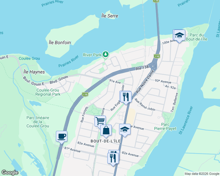 map of restaurants, bars, coffee shops, grocery stores, and more near 16220 Rue Forsyth in Montrã©Al