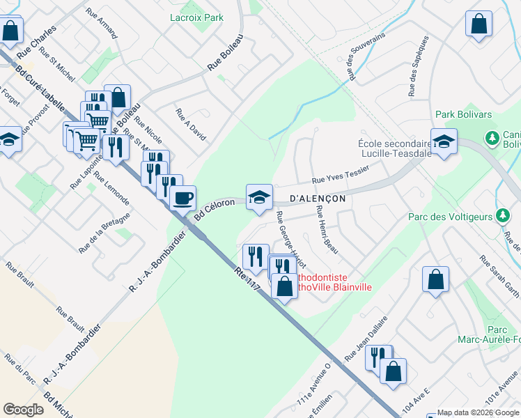 map of restaurants, bars, coffee shops, grocery stores, and more near 1428 Boulevard Céloron in Blainville