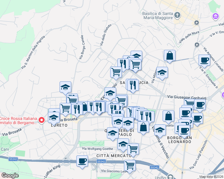 map of restaurants, bars, coffee shops, grocery stores, and more near 48 Via Giuseppe Mazzini in Bergamo