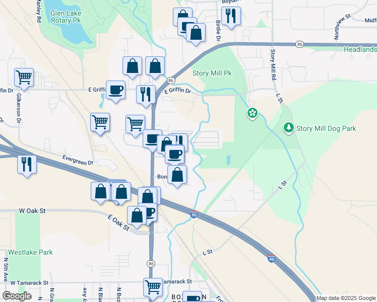 map of restaurants, bars, coffee shops, grocery stores, and more near 600-698 East Bryant Street in Bozeman