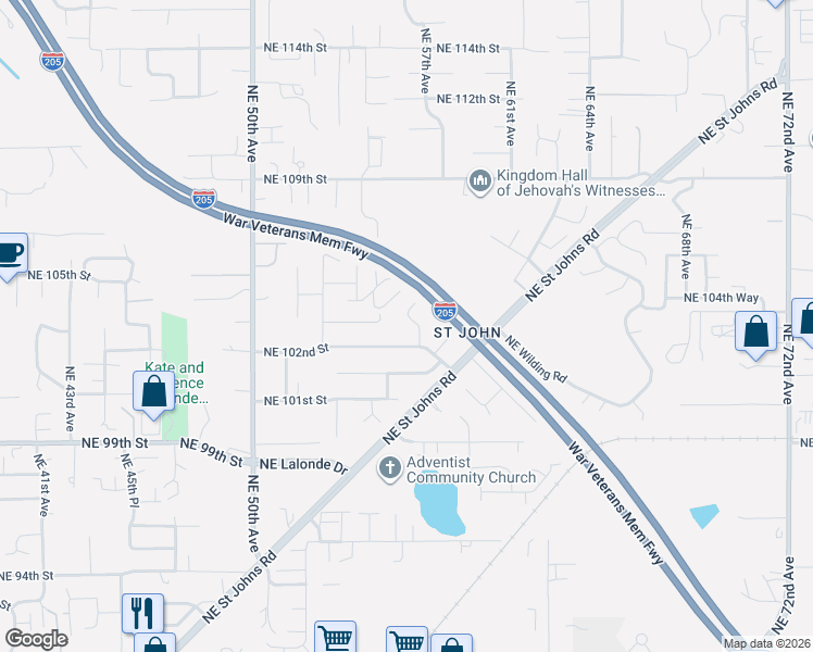 map of restaurants, bars, coffee shops, grocery stores, and more near 5604 Northeast 102nd Street in Vancouver