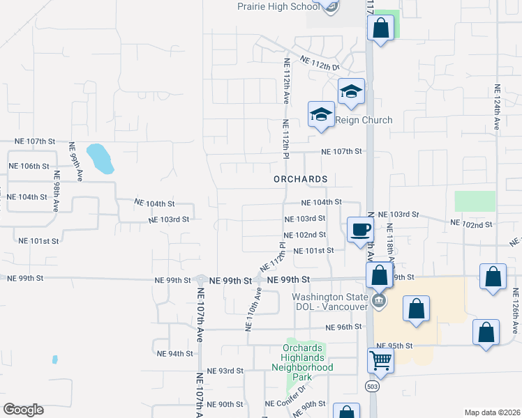 map of restaurants, bars, coffee shops, grocery stores, and more near 11102 Northeast 103rd Street in Vancouver