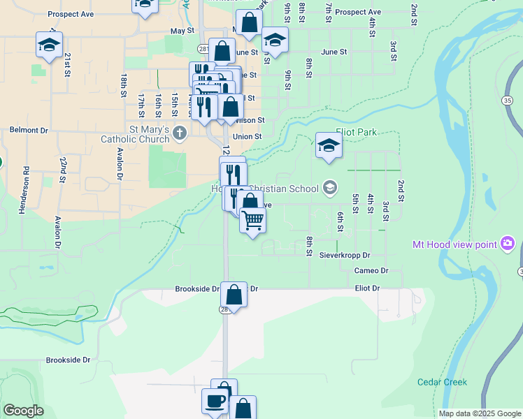 map of restaurants, bars, coffee shops, grocery stores, and more near 917 Pacific Avenue in Hood River