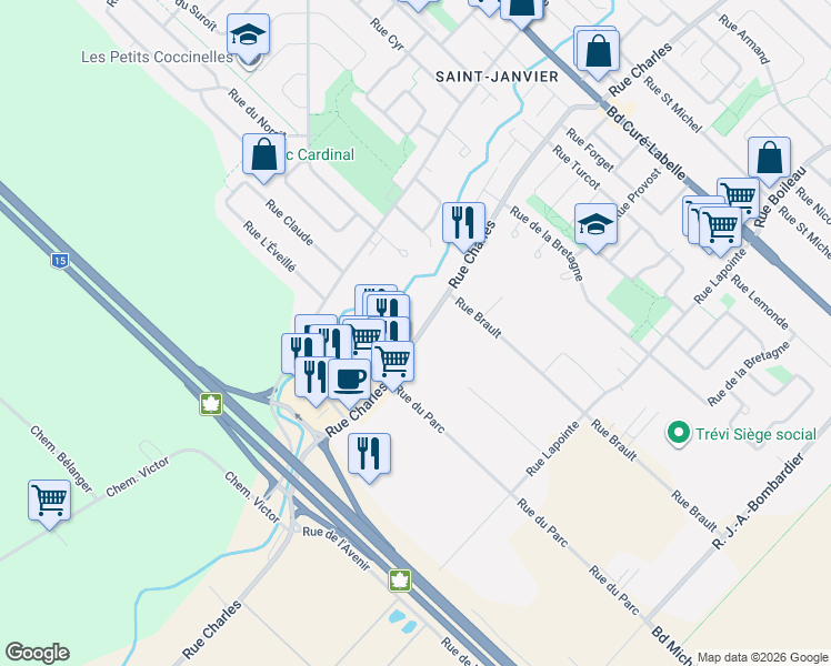 map of restaurants, bars, coffee shops, grocery stores, and more near 17675 Rue Charles in Mirabel