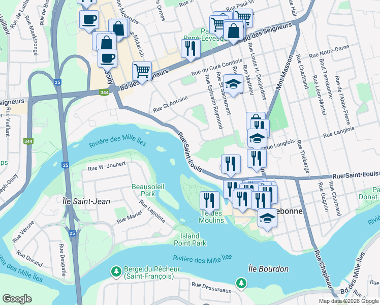 map of restaurants, bars, coffee shops, grocery stores, and more near 971 Rue Saint-Louis in Terrebonne