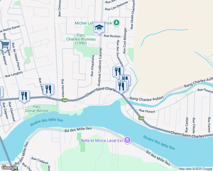 map of restaurants, bars, coffee shops, grocery stores, and more near 1667 Chemin Saint-Charles in Terrebonne