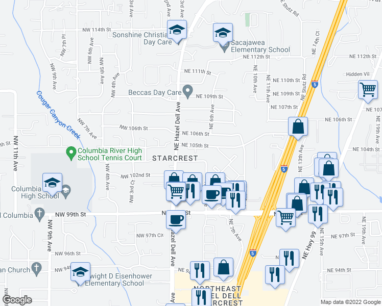 map of restaurants, bars, coffee shops, grocery stores, and more near 503 Northeast 103rd Street in Vancouver