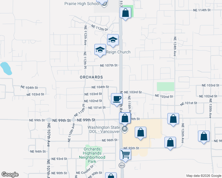 map of restaurants, bars, coffee shops, grocery stores, and more near 11600 Northeast 103rd Street in Vancouver