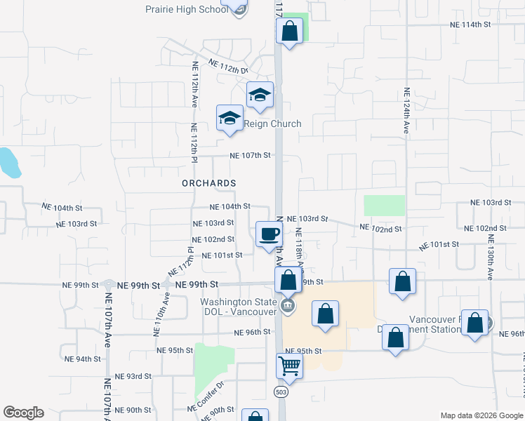 map of restaurants, bars, coffee shops, grocery stores, and more near 11613 Northeast 104th Street in Vancouver