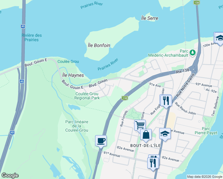 map of restaurants, bars, coffee shops, grocery stores, and more near 12585 134e Avenue in Montréal