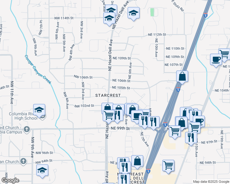 map of restaurants, bars, coffee shops, grocery stores, and more near 321 Northeast 105th Street in Vancouver