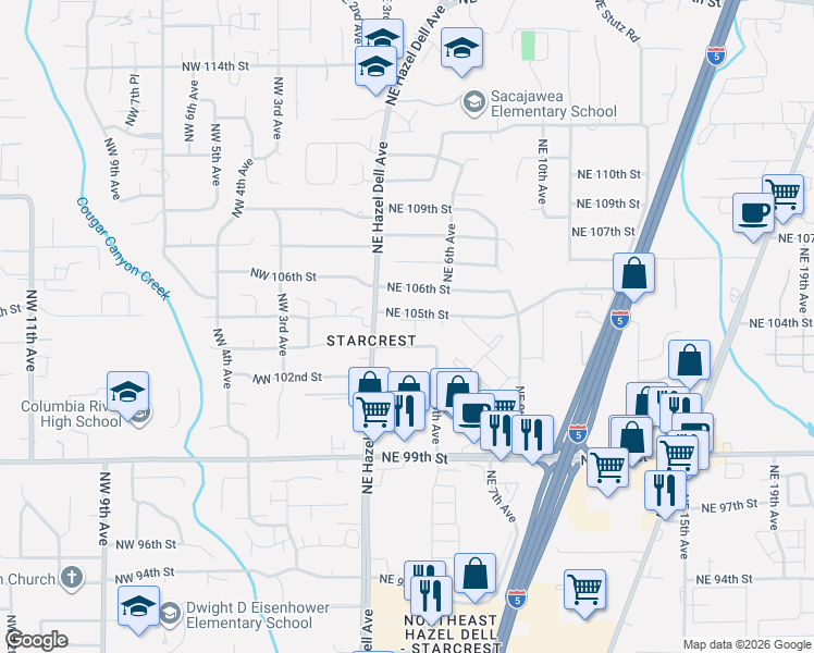 map of restaurants, bars, coffee shops, grocery stores, and more near 503 Northeast 103rd Street in Vancouver