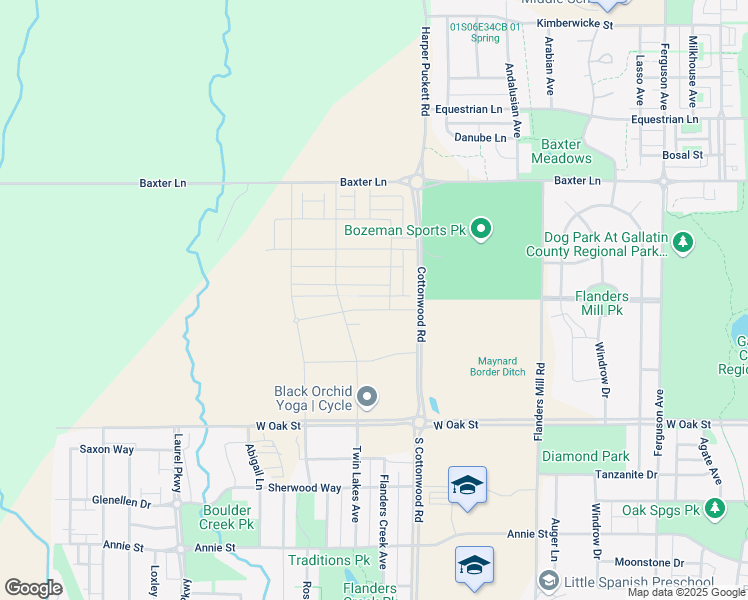 map of restaurants, bars, coffee shops, grocery stores, and more near 5250 Baxter Lane in Bozeman