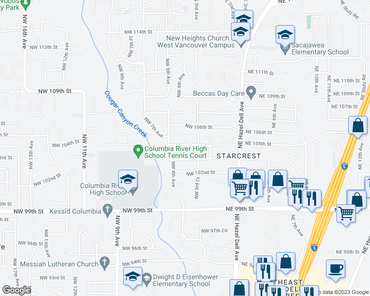 map of restaurants, bars, coffee shops, grocery stores, and more near 307 Northwest 104th Street in Vancouver
