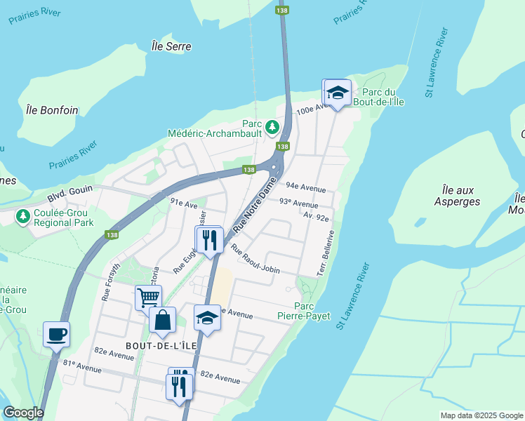 map of restaurants, bars, coffee shops, grocery stores, and more near 16044 Rue Sainte Maria Goretti in Montréal