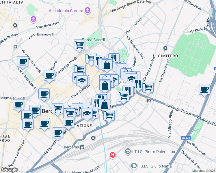 map of restaurants, bars, coffee shops, grocery stores, and more near 26 Via Madonna della Neve in Bergamo