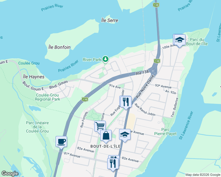 map of restaurants, bars, coffee shops, grocery stores, and more near 16260 Rue Forsyth in Montrã©Al
