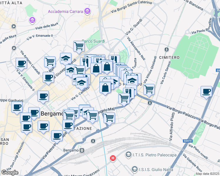 map of restaurants, bars, coffee shops, grocery stores, and more near 26 Via Madonna della Neve in Bergamo
