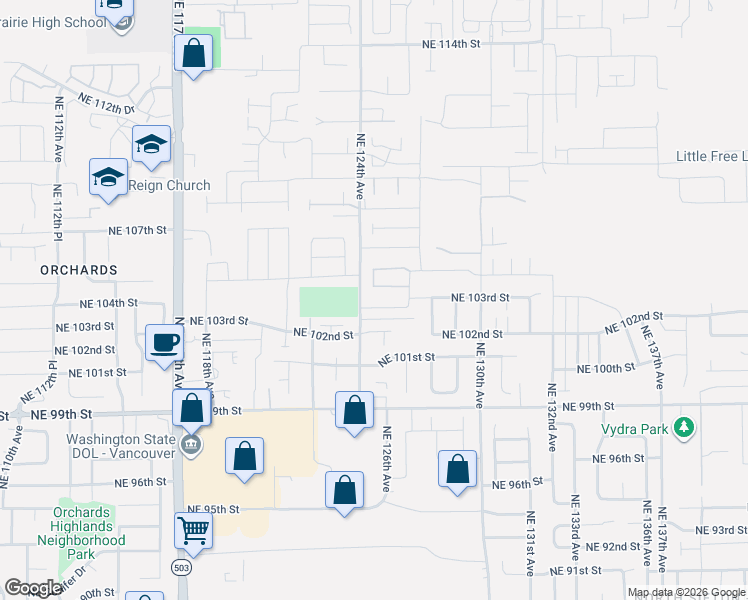 map of restaurants, bars, coffee shops, grocery stores, and more near 10405 Northeast 124th Avenue in Vancouver