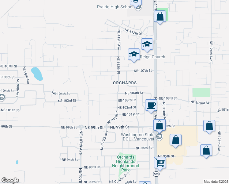 map of restaurants, bars, coffee shops, grocery stores, and more near 11012 Northeast 105th Street in Vancouver