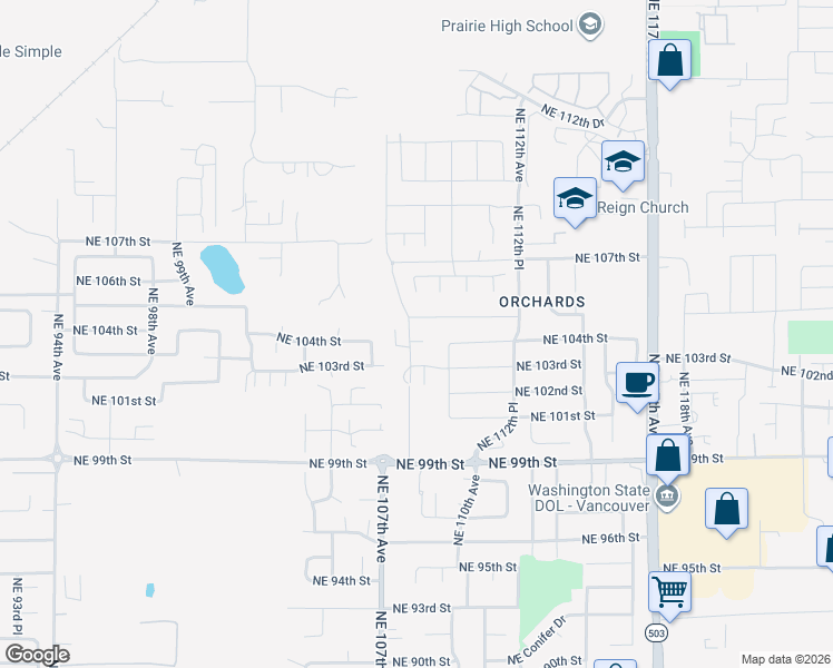 map of restaurants, bars, coffee shops, grocery stores, and more near 10800 Northeast 104th Circle in Vancouver