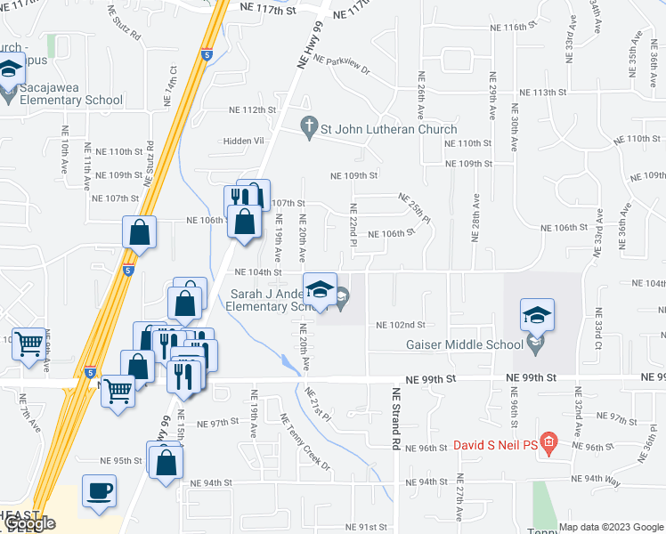 map of restaurants, bars, coffee shops, grocery stores, and more near 2122 Northeast 104th Street in Vancouver