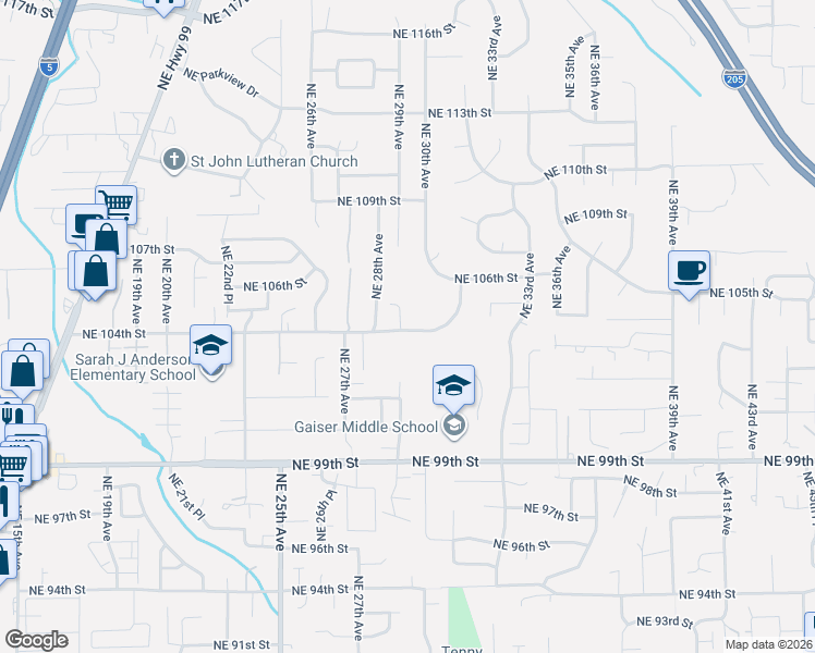 map of restaurants, bars, coffee shops, grocery stores, and more near 2814 Northeast 105th Circle in Vancouver