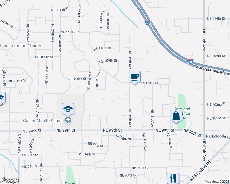 map of restaurants, bars, coffee shops, grocery stores, and more near 3709 Northeast 104th Circle in Vancouver
