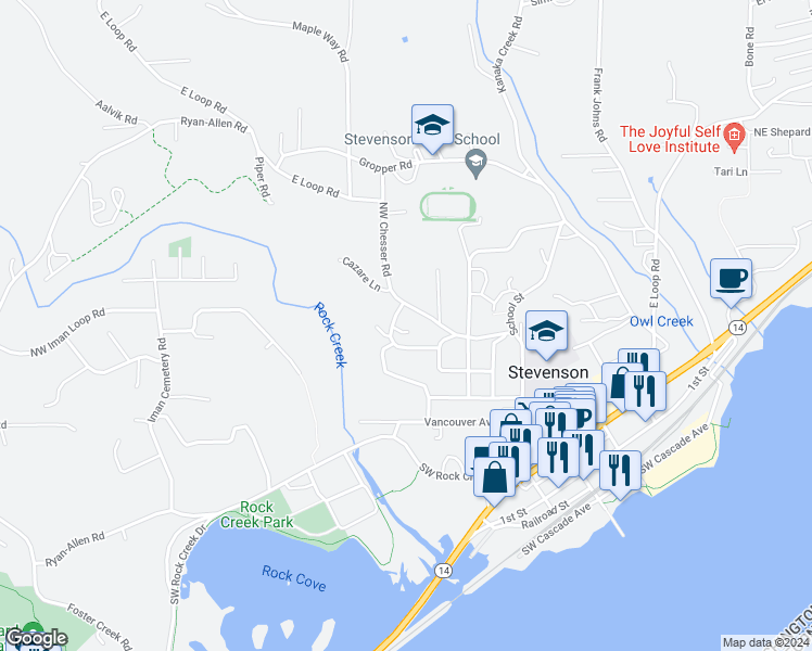 map of restaurants, bars, coffee shops, grocery stores, and more near 503 Belaire Street in Stevenson