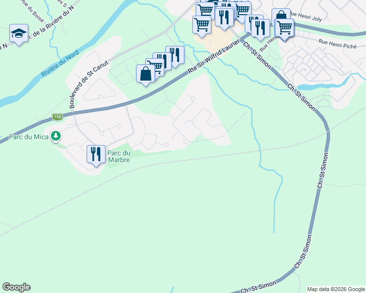 map of restaurants, bars, coffee shops, grocery stores, and more near 9030 Rue Magloire Lavallée in Mirabel