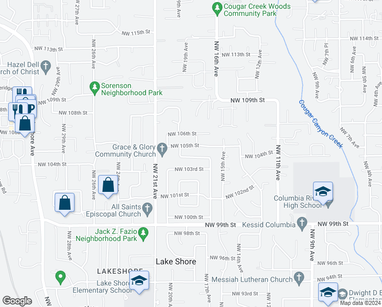 map of restaurants, bars, coffee shops, grocery stores, and more near 1802 Northwest 105th Street in Vancouver