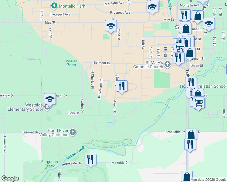 map of restaurants, bars, coffee shops, grocery stores, and more near 1721 Heritage Loop in Hood River
