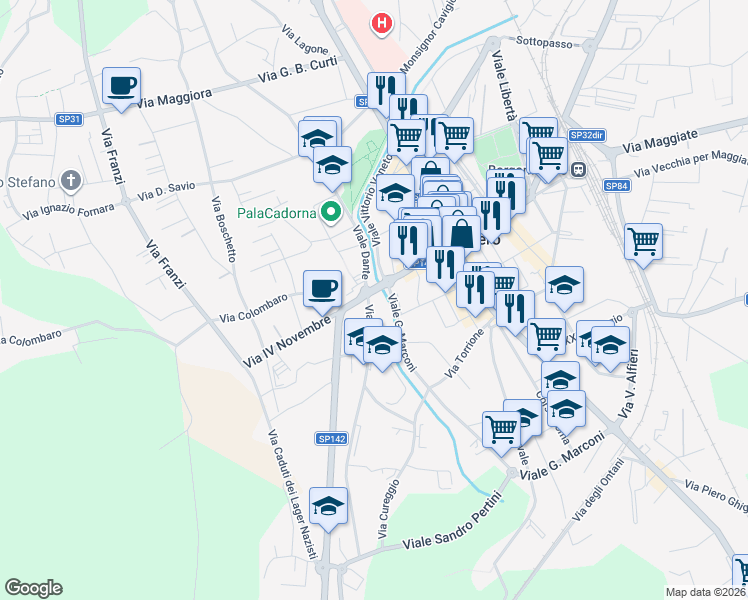 map of restaurants, bars, coffee shops, grocery stores, and more near Via Dante Alighieri in Borgomanero