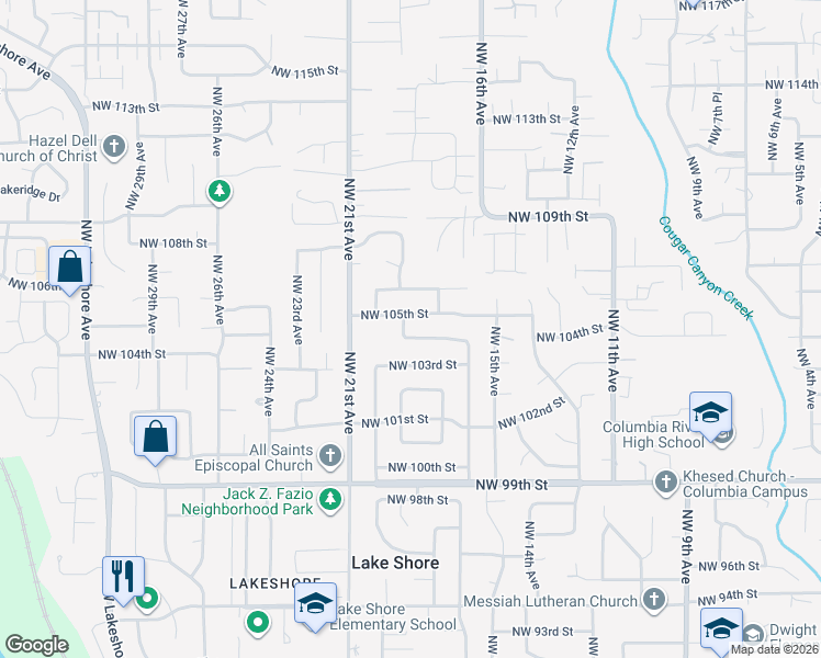 map of restaurants, bars, coffee shops, grocery stores, and more near 10405 Northwest 19th Avenue in Vancouver
