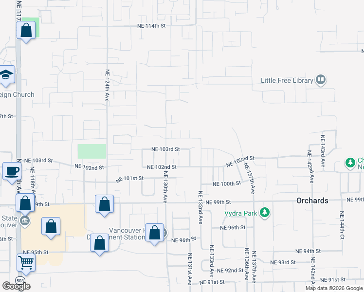 map of restaurants, bars, coffee shops, grocery stores, and more near 13104 Northeast 103rd Street in Vancouver