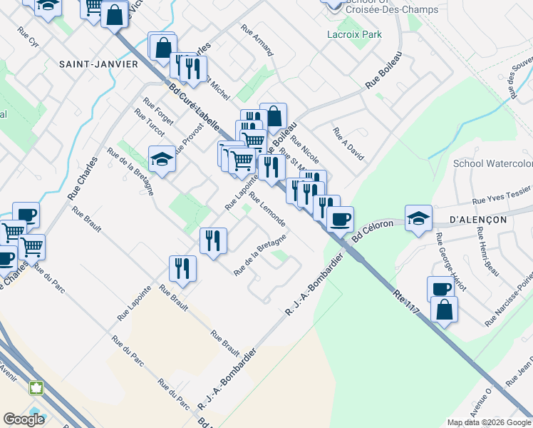 map of restaurants, bars, coffee shops, grocery stores, and more near 13284 Rue Lemonde in Mirabel