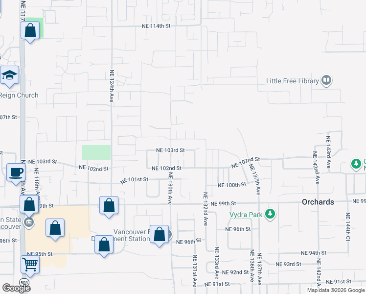 map of restaurants, bars, coffee shops, grocery stores, and more near 13105 Northeast 104th Street in Vancouver