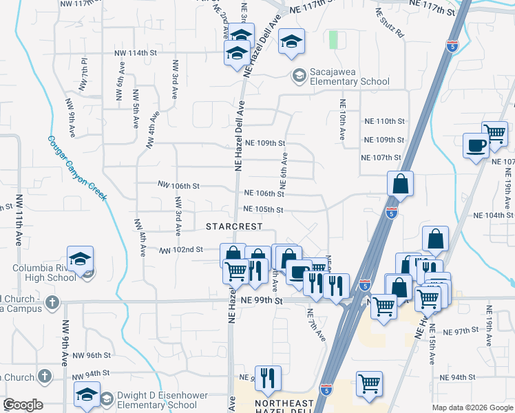 map of restaurants, bars, coffee shops, grocery stores, and more near 501 Northeast 106th Street in Vancouver