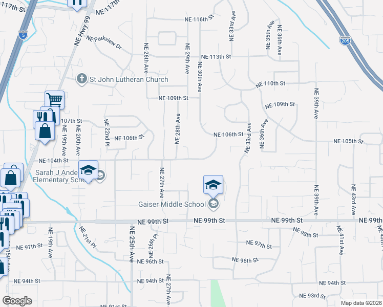 map of restaurants, bars, coffee shops, grocery stores, and more near 2814 Northeast 105th Circle in Vancouver