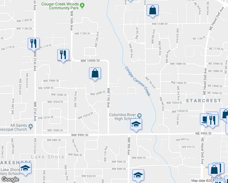 map of restaurants, bars, coffee shops, grocery stores, and more near 10504 Northwest 10th Place in Vancouver