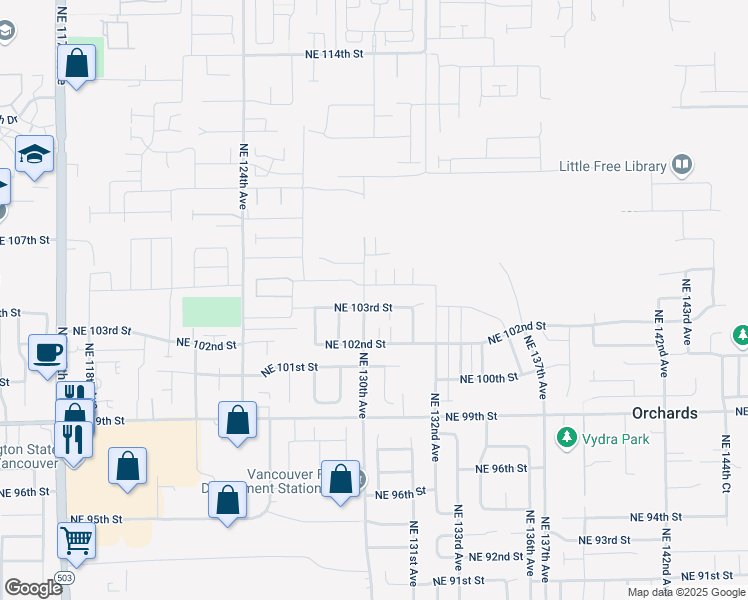 map of restaurants, bars, coffee shops, grocery stores, and more near 13002 Northeast 103rd Street in Vancouver