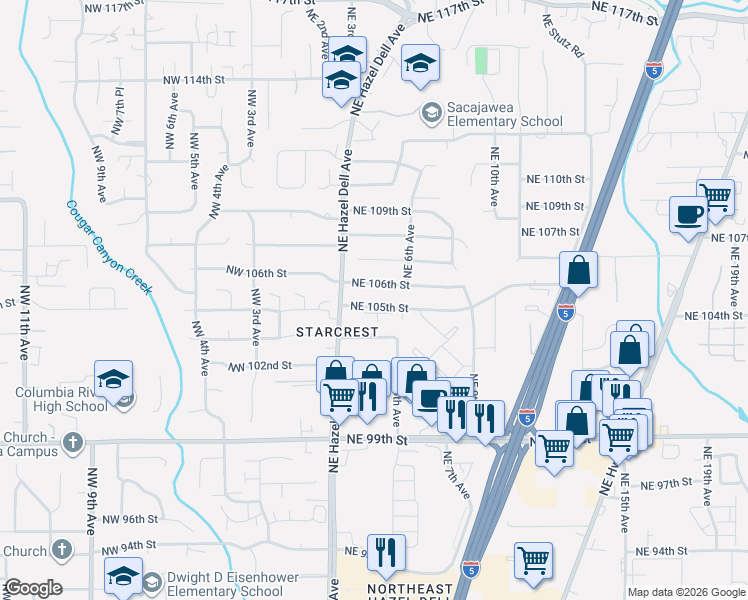 map of restaurants, bars, coffee shops, grocery stores, and more near 501 Northeast 106th Street in Vancouver