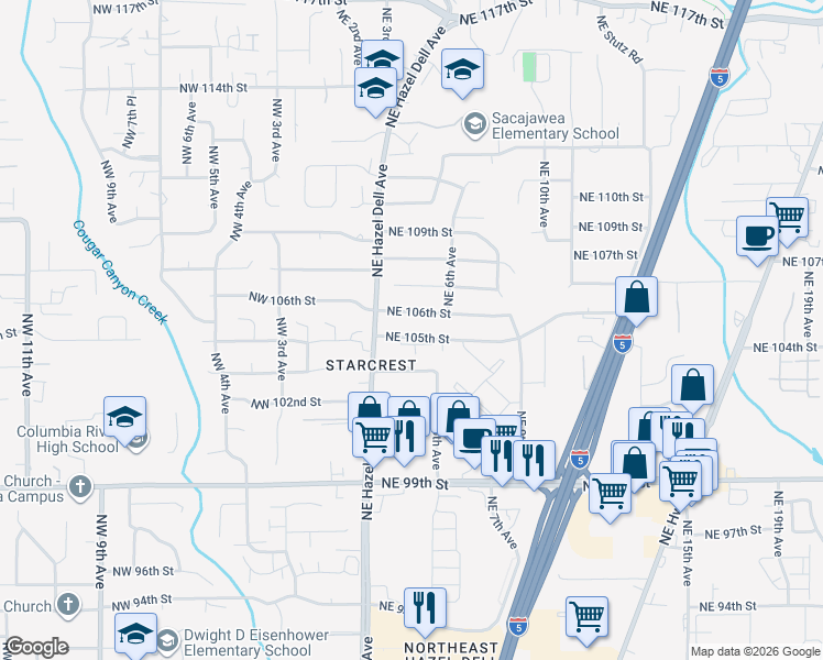 map of restaurants, bars, coffee shops, grocery stores, and more near 501 Northeast 106th Street in Vancouver