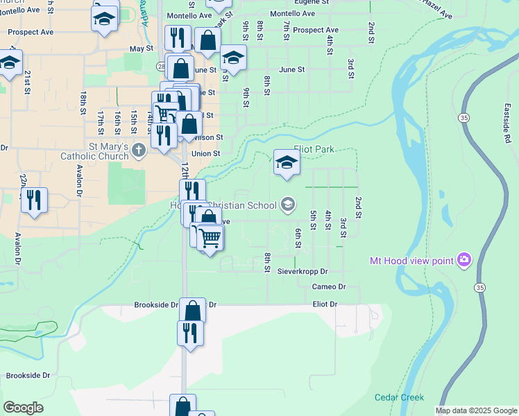 map of restaurants, bars, coffee shops, grocery stores, and more near 1585 9th Street in Hood River