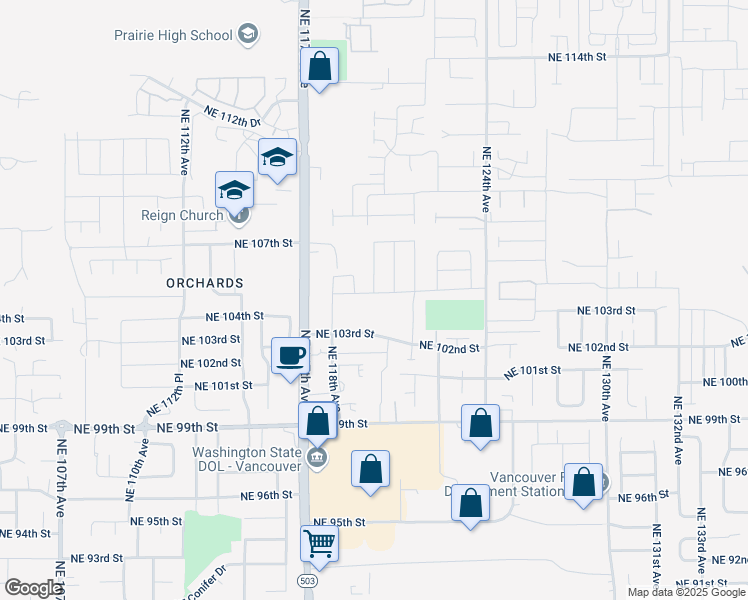 map of restaurants, bars, coffee shops, grocery stores, and more near 10505 Northeast 117th Avenue in Vancouver