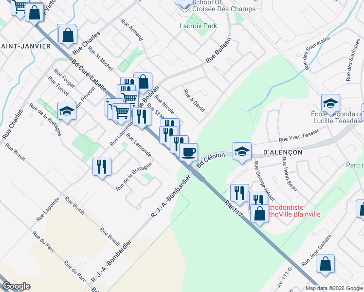 map of restaurants, bars, coffee shops, grocery stores, and more near 13305 Rue Nicole in Mirabel