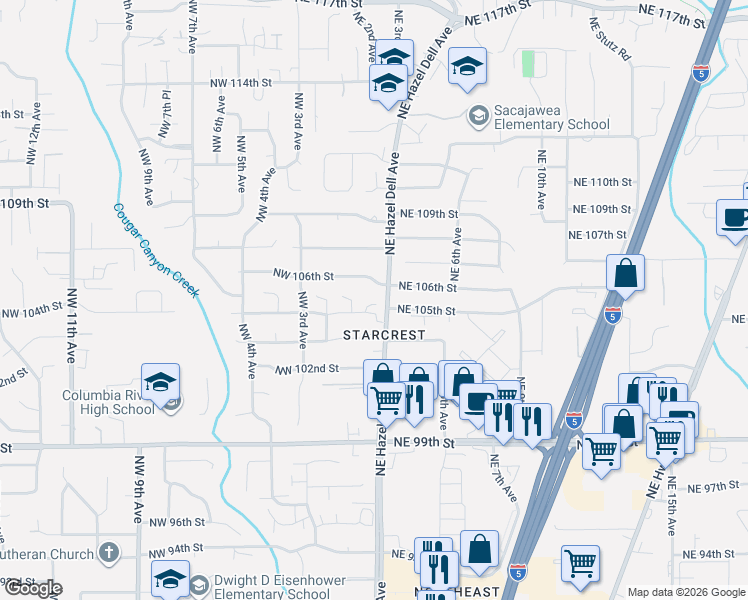 map of restaurants, bars, coffee shops, grocery stores, and more near 104 Northwest 104th Circle in Vancouver