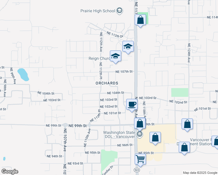 map of restaurants, bars, coffee shops, grocery stores, and more near 11301 Northeast 105th Street in Vancouver