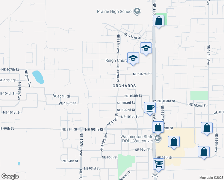 map of restaurants, bars, coffee shops, grocery stores, and more near 10800 Northeast 105th Street in Vancouver